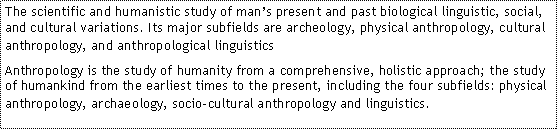 Text Box: The scientific and humanistic study of man�s present and past biological linguistic, social, and cultural variations. Its major subfields are archeology, physical anthropology, cultural anthropology, and anthropological linguistics Anthropology is the study of humanity from a comprehensive, holistic approach; the study of humankind from the earliest times to the present, including the four subfields: physical anthropology, archaeology, socio-cultural anthropology and linguistics.